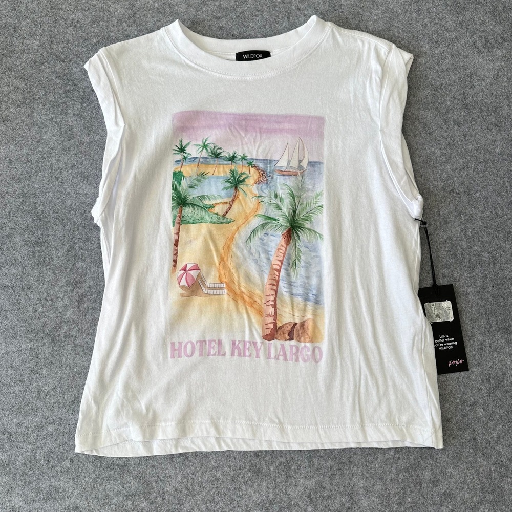 Wildfox Hotel Key Largo Muscle Tank Top White Cotton Graphic Tee Casual NWT